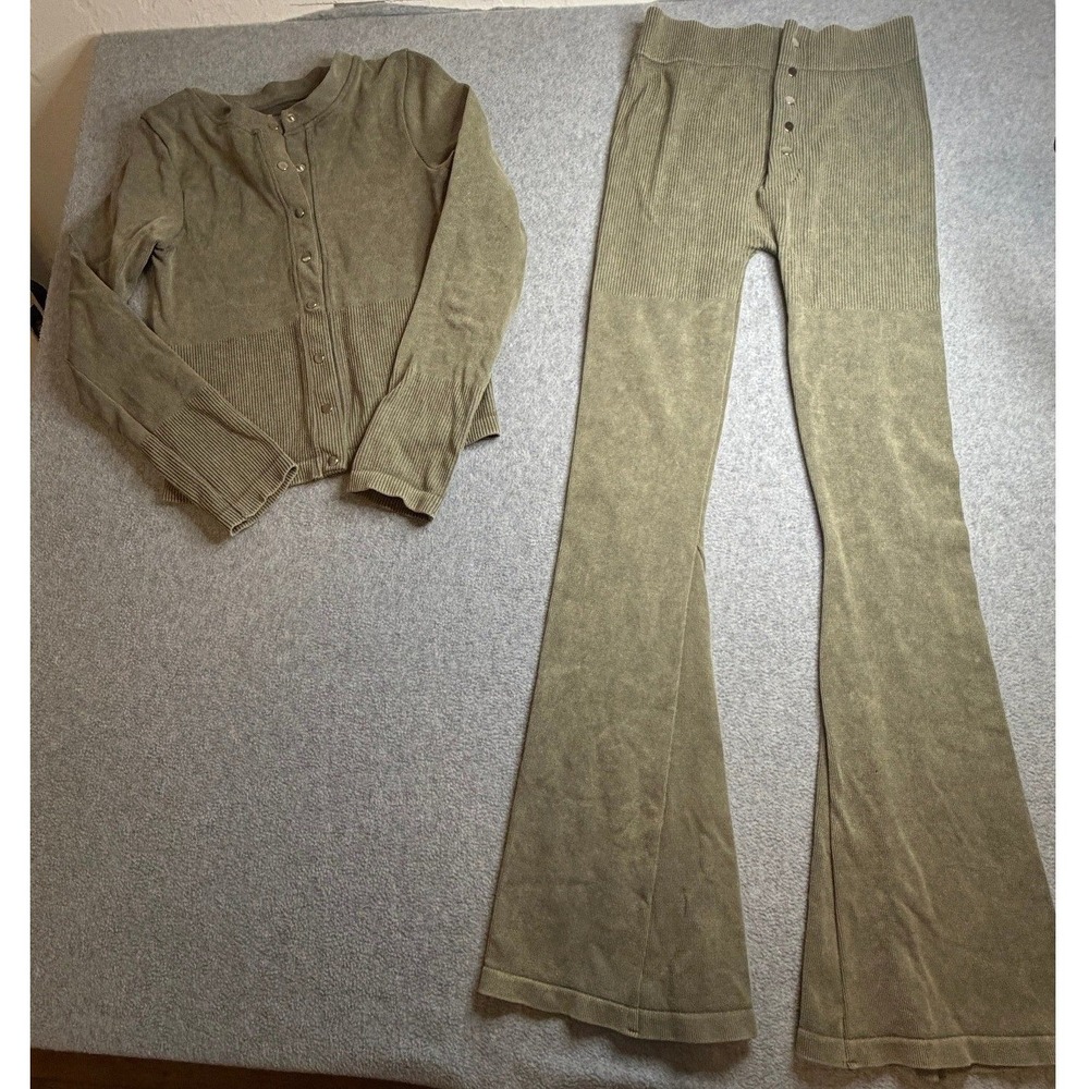 Ribbed Acid Wash Flare Pant and Snap Cardigan Lounge Set Olive Green XS